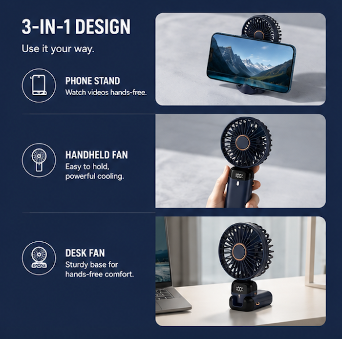 ❄️ 3-in-1 Foldable Rechargeable Portable USB Fan with Digital Display | Handheld, Desk & Travel Cooling Fan