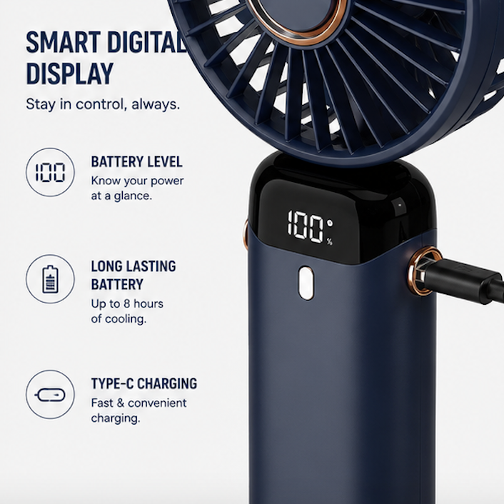 ❄️ 3-in-1 Foldable Rechargeable Portable USB Fan with Digital Display | Handheld, Desk & Travel Cooling Fan
