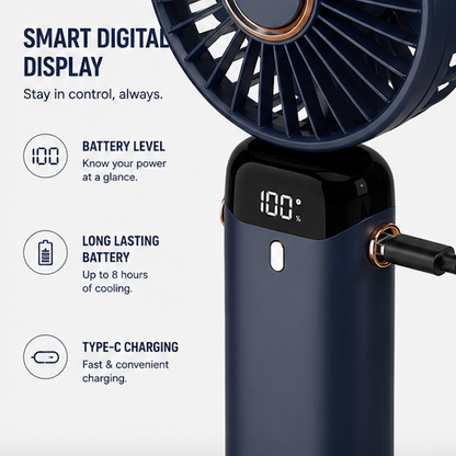❄️ 3-in-1 Foldable Rechargeable Portable USB Fan with Digital Display | Handheld, Desk & Travel Cooling Fan